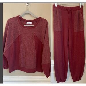 Gilli Size S Burgundy Mixed Media Terry Sweatshirt Sweatpants Lounge Set NWT